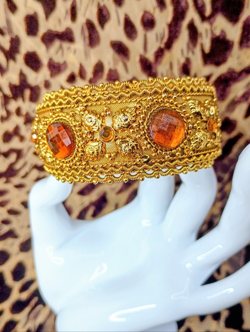 Gold-Tone Women's Cuff Bracelet with Amber Stones